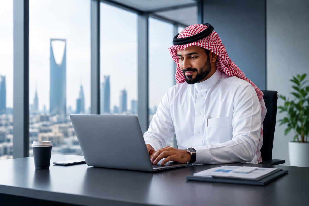 موظف يدير منظومة الموارد البشرية عبر الحاسب في بيئة مكتبية احترافية
